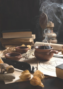 Books and ancient magical tools arranged on a table against a black background